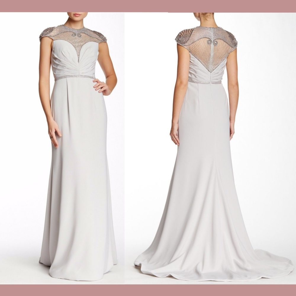 NWT $847 TERANI COUTURE [SZ 8 ] Embellished Yoke Gown‎ in Silver